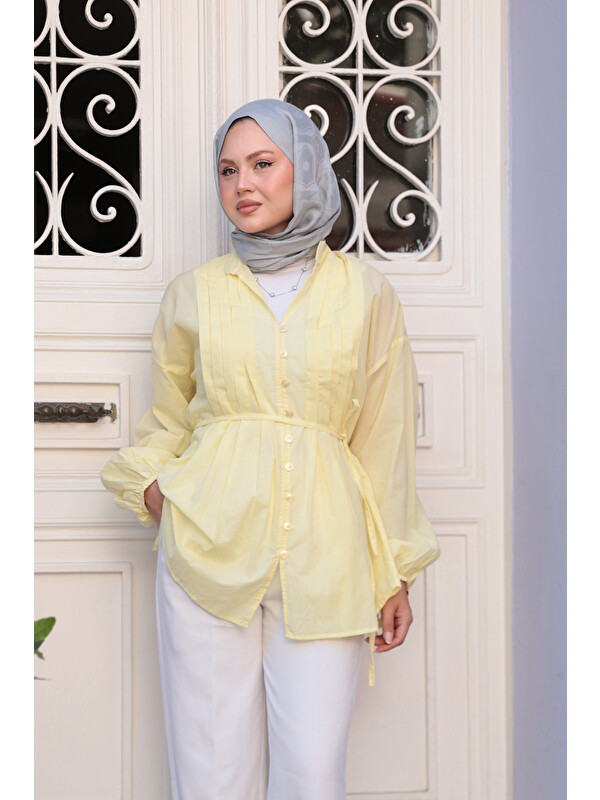 Locco Moda Kadın Önü Pile Detay Vual Gömlek Sarı