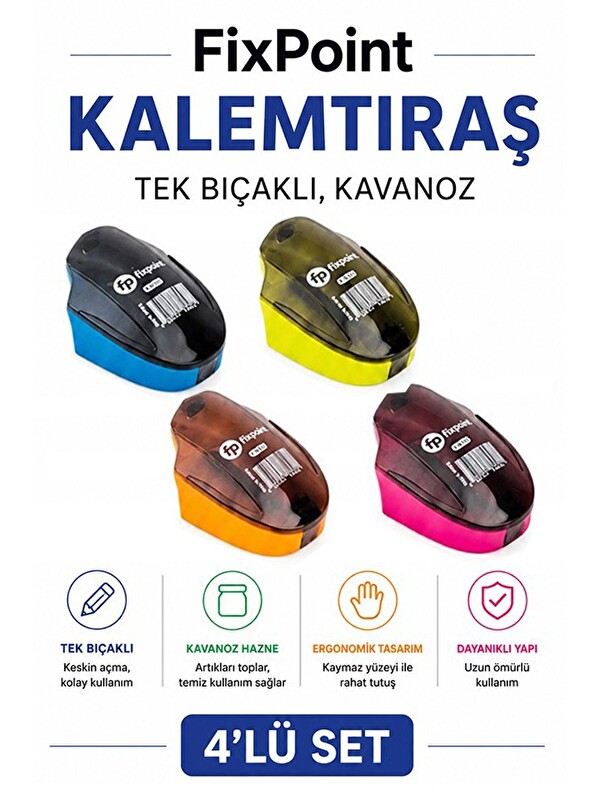 Artlantis Kalemtraş 4 Adet Hazneli Tek Bıçaklı Fixpoint P-6041 Standart Kalem Açacağı Plastik Kalemtıraş