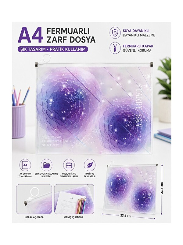 Artlantis Fermuarlı Dosya Renkli A4 1 Adet Fixpoint 3073 Plastik Desenli Fermuarlı Zarf Dosya Ödev Evrak Belge