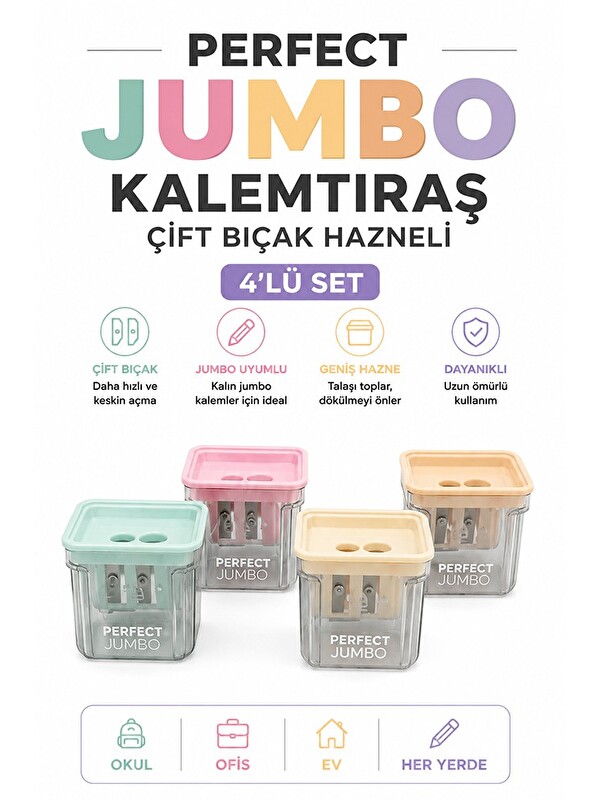 Artlantis Kalemtraş 4 Adet Hazneli Çift Bıcaklı Perfect Jumbo Kalem Açacağı Plastik Kalemtıraş Kalem Traş