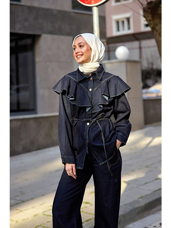 Locco Moda Kadın Jean Volanlı Gömlek Lacivert