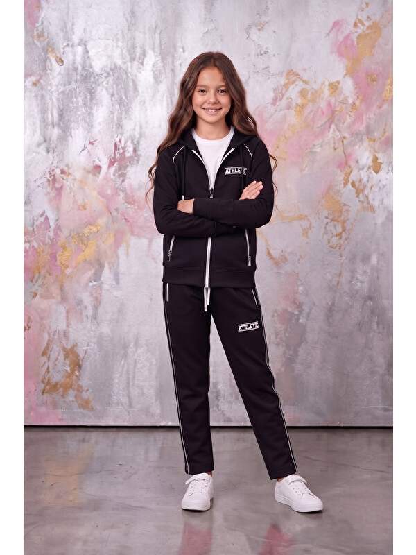Pina Kids Kız Çocuk Atheletic Reglan Kol Kapüşonlu Düz Paça Dalgıç Kumaş Eşofman Takımı ESF7018
