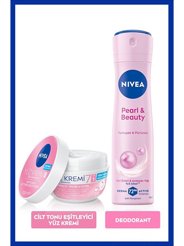 NIVEA Cilt Tonu Eşitleyici Yüz Kremi 100ml ve Sprey Deodorant Pearl&Beauty 150ml, Terlemeye Karşı Koruma
