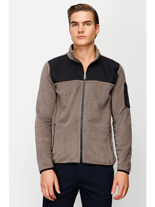 igs Açık Kahve Tam Fermuar Erkek Polar Fermuarlı Sweatshirt Hırka