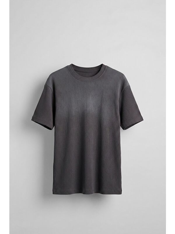 Abluka Online Erkek Fitilli Yıkamalı Renk Geçişli Oversize T-Shirt Antrasit Beyaz