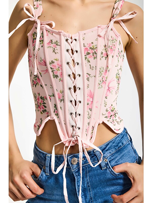 It's Basic Kadın Pembe Çiçekli w5 Balenli Kuş Gözü Detaylı Özel Desen Tasarım Askılı Büstiyer