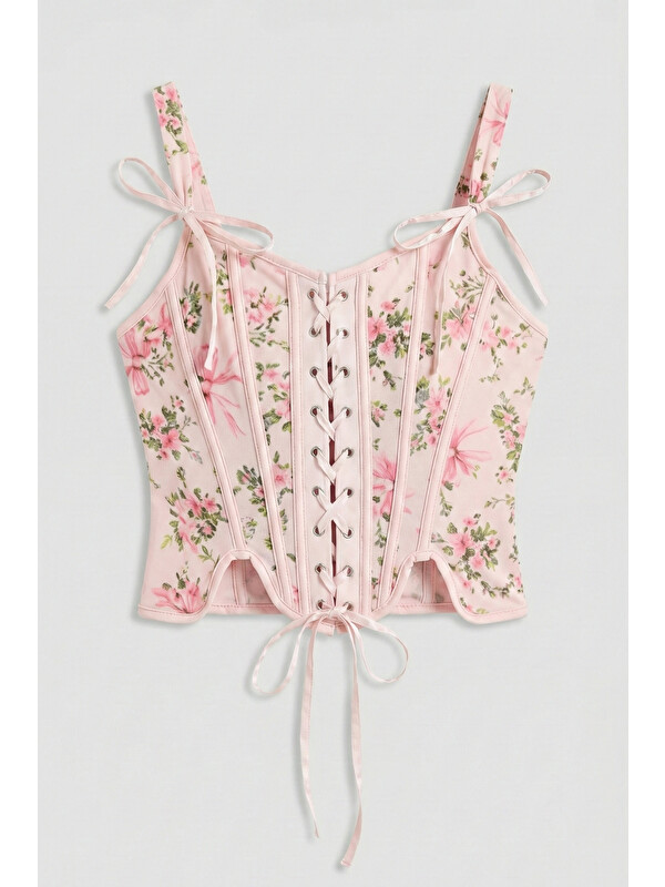 It's Basic Kadın Pembe Çiçekli w5 Balenli Kuş Gözü Detaylı Özel Desen Tasarım Askılı Büstiyer