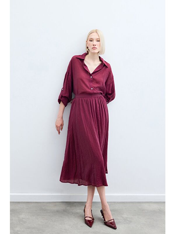 SATEEN Kraşlı Kloş  Etek - Bordo