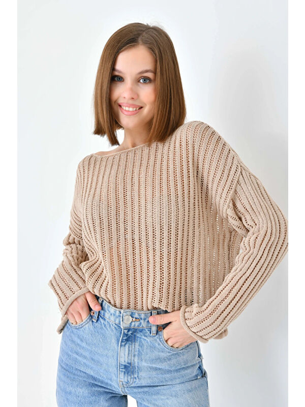 carla10 Kadın Geniş Yaka Örgü Detay Oversize Triko Kazak