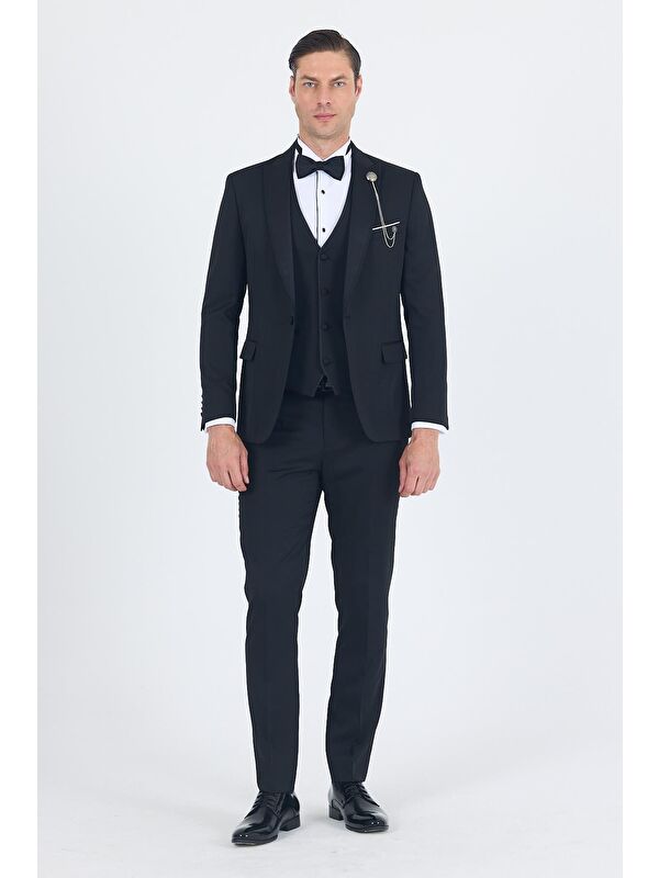 İMZA Siyah Kılıç Yaka Tek Düğme Slim Fit Yelekli Ceremony Takım Elbise 1001250200