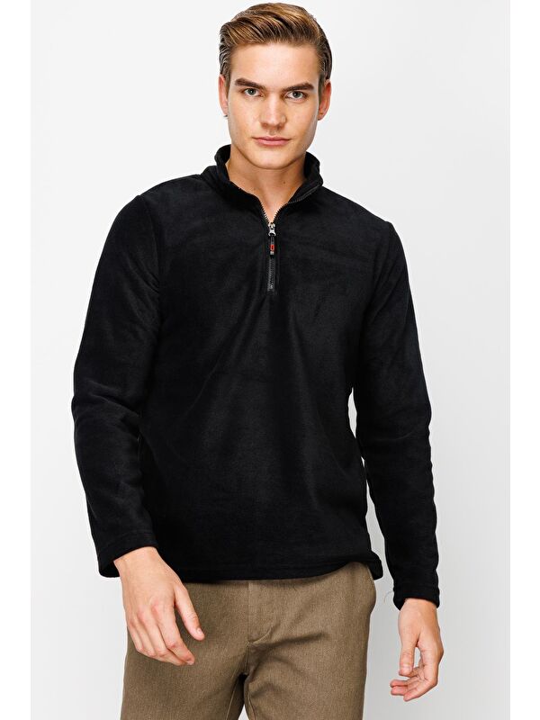 igs Siyah Erkek Yarım Fermuar Polar Sweatshirt Dik Yaka Model