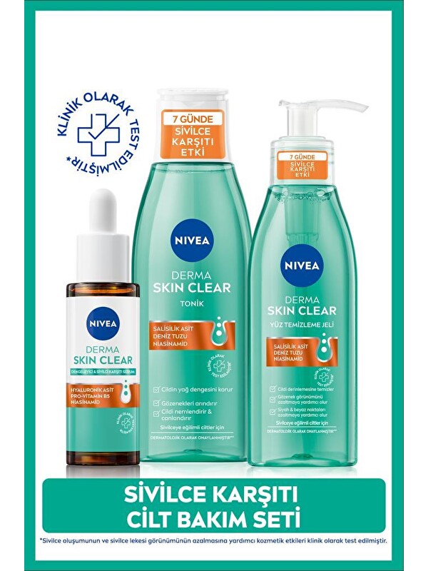 NIVEA Derma Skin Clear Karşıtı Cilt Bakım Seti, Serum 30ml, Yüz Temizleme Jeli 150ml, Tonik 200ml