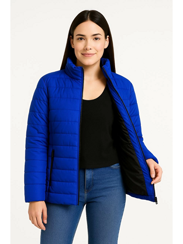 Jane's Bomber Mont Ceket – Su İtici Kumaş, Kapitone Astarlı, Fermuarlı, Kışlık - Saks Mavisi