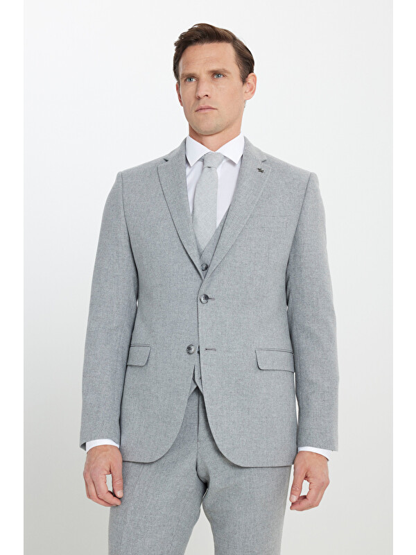 Altınyıldız Classics Erkek Gri Yünlü Slim Fit Dar Kesim Mono Yaka Diagonal Desenli Kapak Cepli Yelekli Takım Elbise