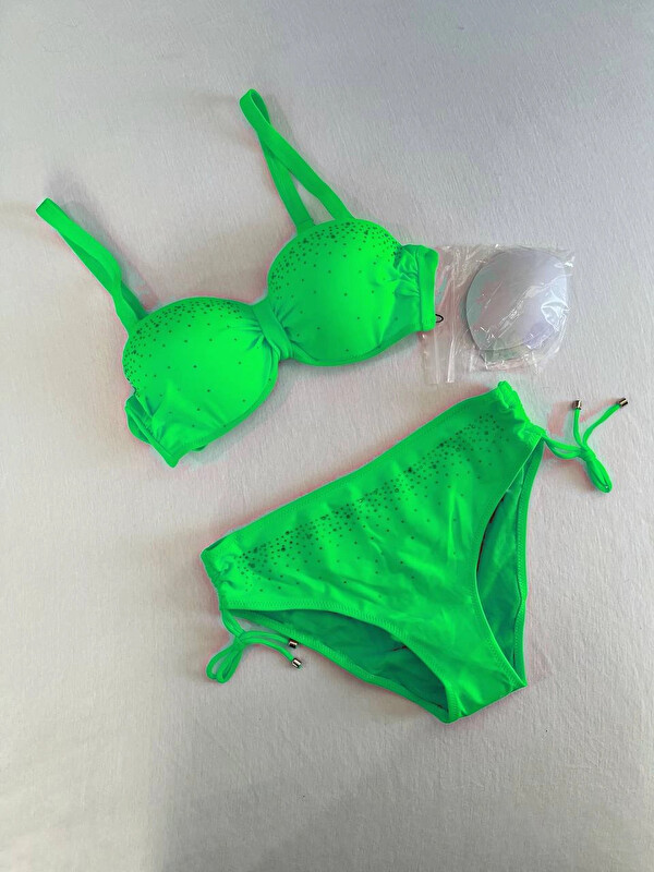 Hazelin Kadın Canlı Yeşil Taş İşlemeli Astarlı Bikini Takım HZL25S-LC3361