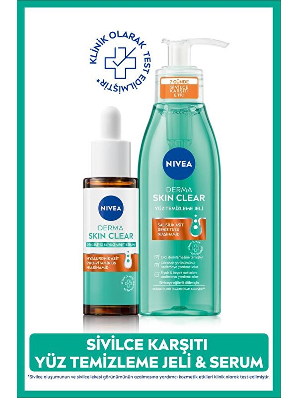 NIVEA Derma Skin Clear Karşıtı Cilt Bakım Seti, Yüz Temizleme Jeli 150ml ve Dengeleyici Serum