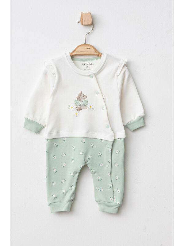 AZİZ BEBE Kız Bebek Çıtçıtlı Çiçek Desenli At Nakışlı Tulum 0 Ay - 6 Ay