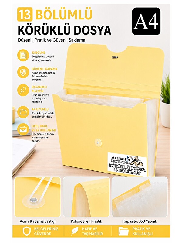 Artlantis Körüklü Dosya 13 Bölmeli Pastel Renkler 1 Adet A4 Akardiyon Dosya Düzenleyici 13 Cepli Lastikli Dosy