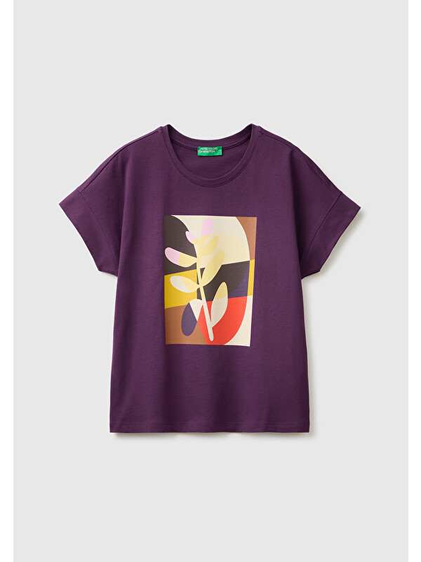 United Colors Of Benetton Kadın Mor %100 Pamuk Önü Baskı Detaylı Bisiklet Yaka T-Shirt