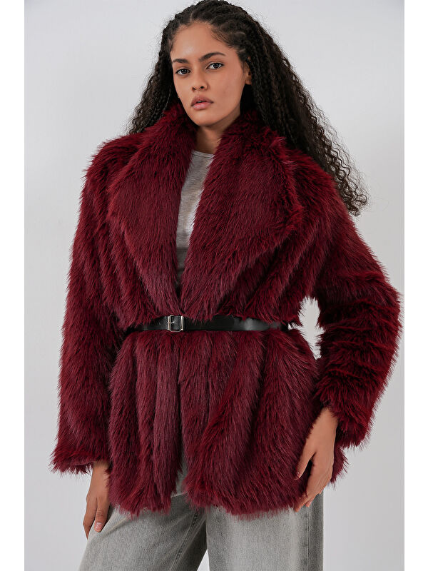 Bigdart Kadın Kemerli Oversize Kürklü Kaban 9156 - Bordo