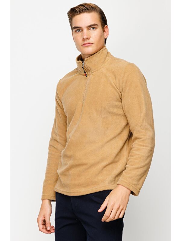 igs Camel Erkek Yarım Fermuar Polar Sweatshirt Dik Yaka Model