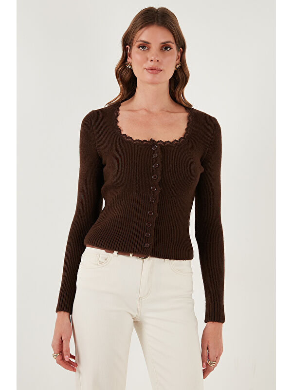Lela Premium Slim Fit Dantel Detaylı Yaka Örme Hırka 680HI00061