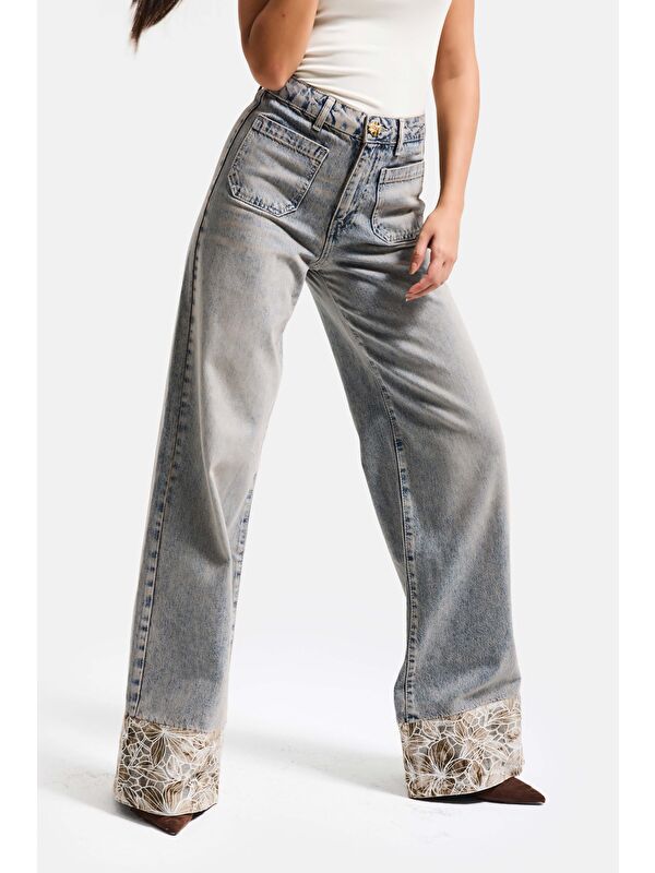 It's Basic Kadın Jean Rengi 4s6-65 Wide Leg Fit Paça Dantel Detaylı Özel Tasarım denim Jean
