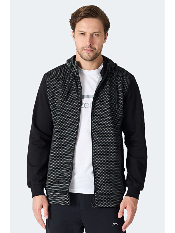 SLAZENGER FLAME Kapüşonlu Cepli Siyah Erkek Polar Fermuarlı Sweatshirt Hırka