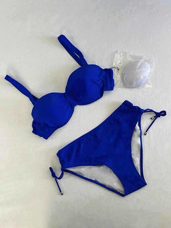 Hazelin Kadın Saks Mavi Taş İşlemeli Astarlı Bikini Takım HZL25S-LC3361