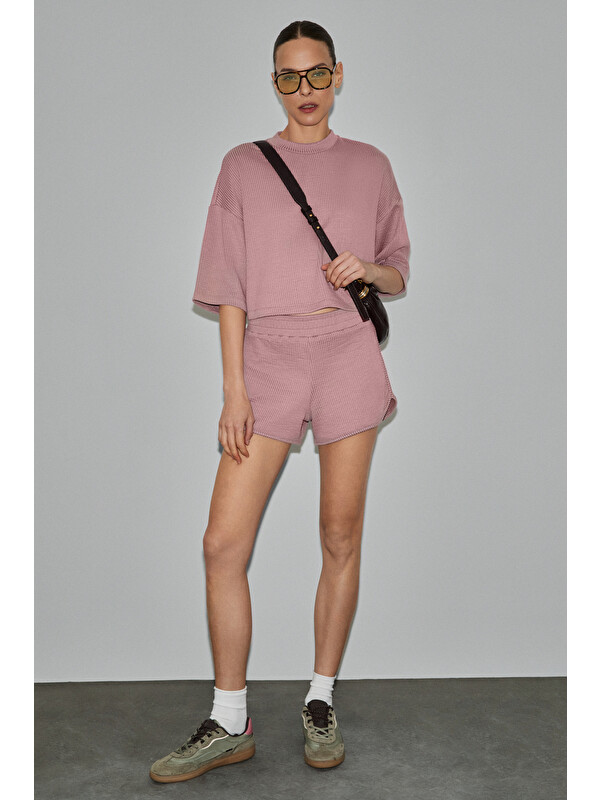 GRIMELANGE PETAL Kadın Esnek Kumaşlı Beli Lastikli Relaxed Fit PEMBE Şort