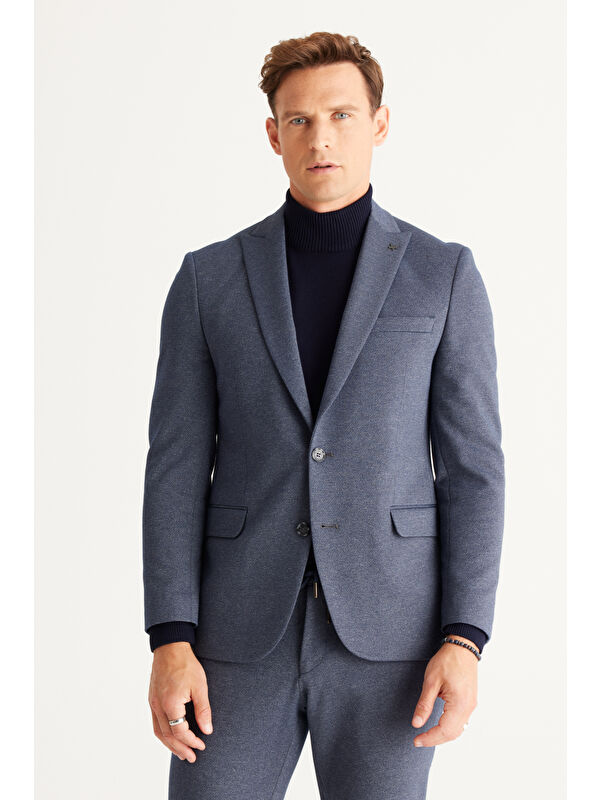 Altınyıldız Classics Erkek Lacivert-Gri Slim Fit Dar Kesim Kırlangıç Yaka Desenli Takım Elbise
