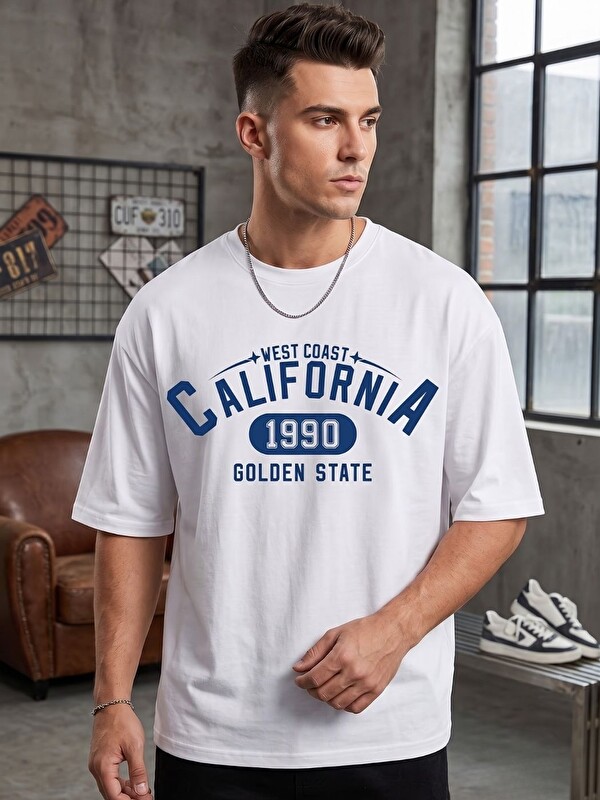 Trendseninle Erkek Beyaz California 1990 Baskı Organik Pamuk Comfort Tişört