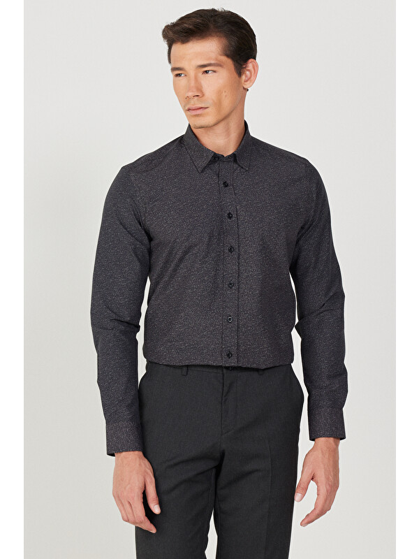 AC&Co / Altınyıldız Classics Erkek Siyah Slim Fit Dar Kesim Düğmeli Yaka Baskılı Gömlek