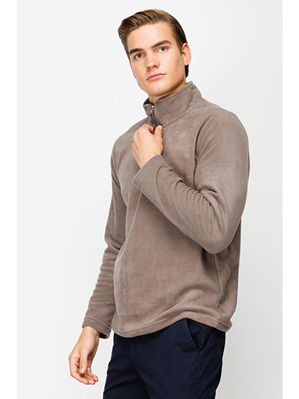 igs Açık Kahve Erkek Yarım Fermuar Polar Sweatshirt Dik Yaka Model