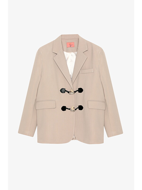 QUZU Toka Aksesuarlı Oversize Blazer Ceket Bej