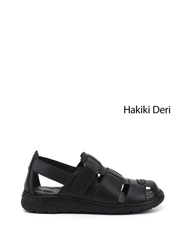 GÖNDERİ(R) Erkek SİYAH Cırtlı Hakiki Deri Comfort Sandalet