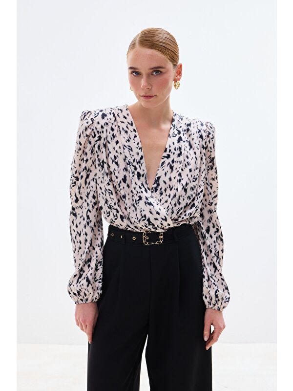 SATEEN Kruvaze Bodysuit Bluz - Ekru