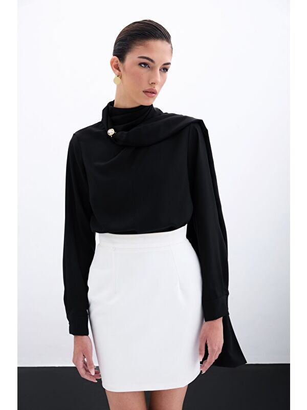 SATEEN Şal Detaylı Bluz - Siyah