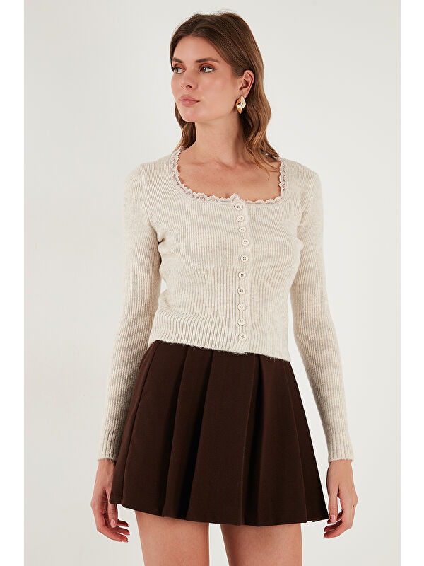 Lela Premium Slim Fit Dantel Detaylı Yaka Örme Hırka 680HI00061