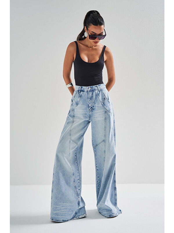 It's Basic Kadın Jean Rengi 4S5-3 Mega Baggy Fit Süper Bol %100 Pamuk Rahat Kesim Denim Jean