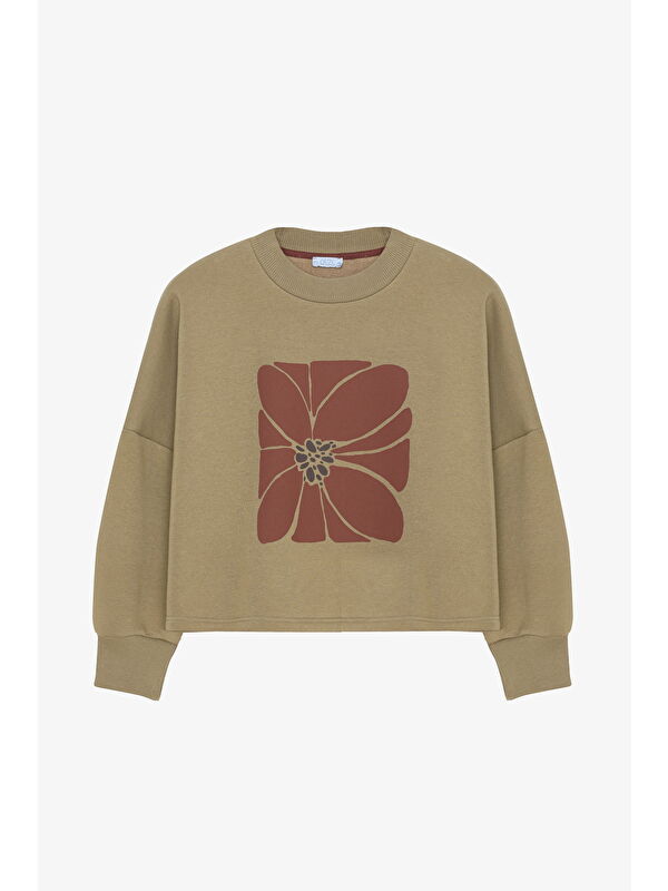 QUZU Çiçek Baskılı Oversize Sweatshirt Haki