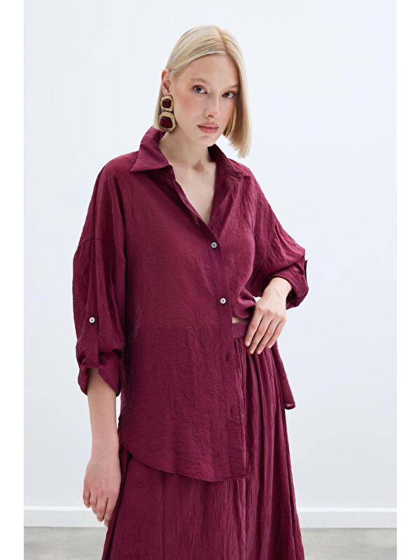 SATEEN Kol Detaylı Salaş Gömlek - Bordo
