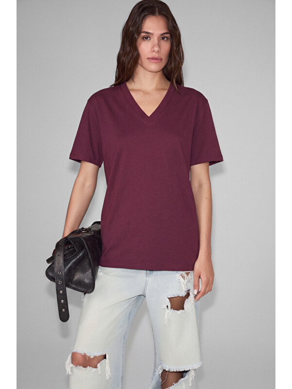 ETHIQUET SHEANE Kadın %100 Organik Pamuk Derin V Yakalı Comfort Fit BORDO T-Shirt