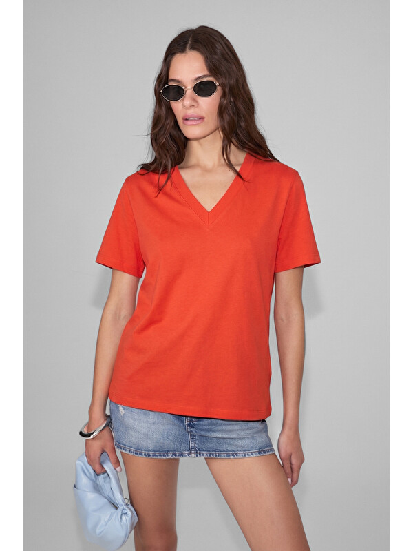ETHIQUET SHEANE Kadın %100 Organik Pamuk Derin V Yakalı Comfort Fit KIRMIZI T-Shirt