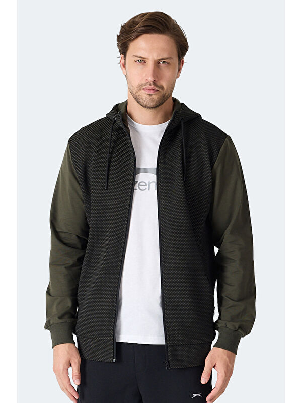 SLAZENGER FLAME Kapüşonlu Cepli Haki Erkek Polar Fermuarlı Sweatshirt Hırka
