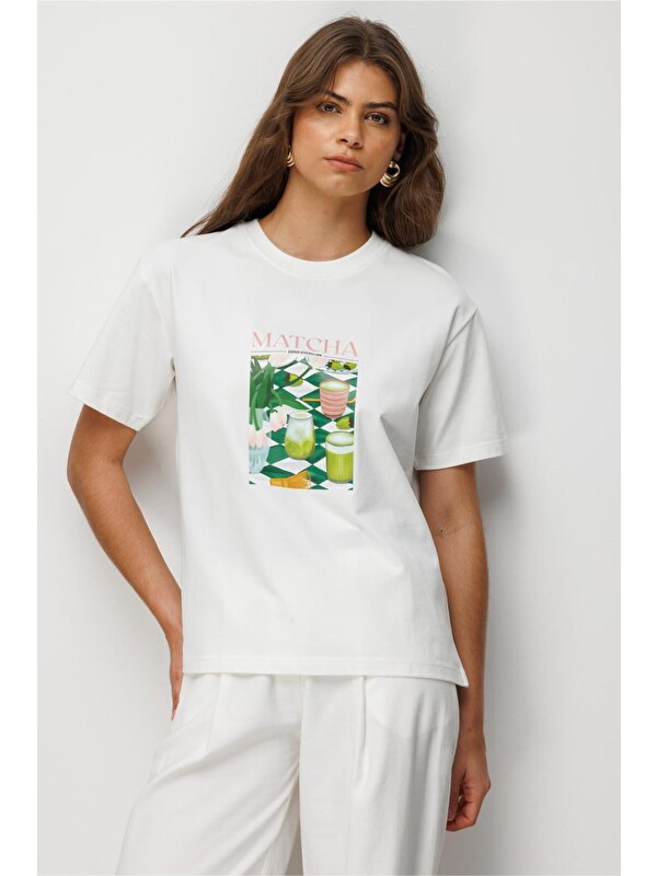 Mizalle Matcha Baskılı Suprem Beyaz T-Shirt
