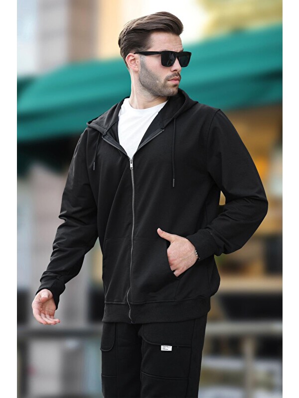Madmext Siyah Kapüşonlu Düz   Erkek Polar Fermuarlı Sweatshirt Hırka 7070
