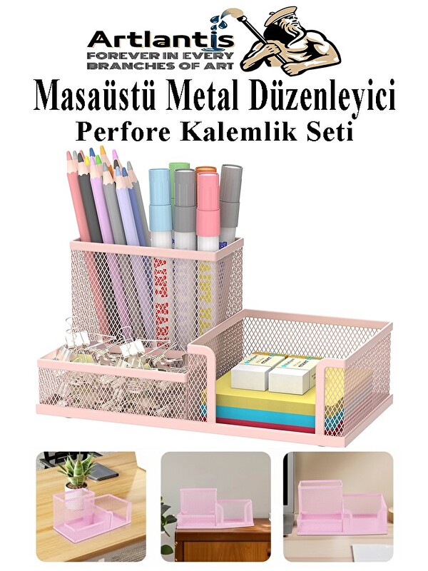 Artlantis Masaüstü Metal Kalemlik Seti 3 lü Kombo 1 Paket Fileli Perfore Pastel Renkli Kalemlik Kağıtlık Küpno