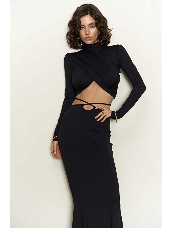 Mai Collection Kelsey İp Detay Siyah Crop Etek Takım