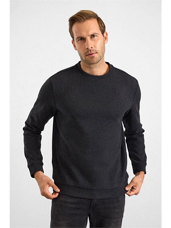 Süvari Siyah Regular Düz Bisiklet Yaka Sweatshirt